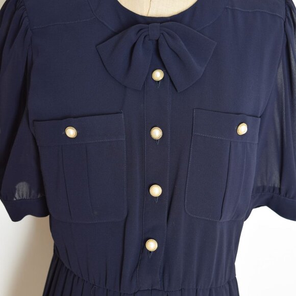 vintage 80s dress navy blue pleated bow military secretary midi tea dress M - Picture 3 of 9